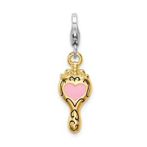 925 Silver & Gold-plated Enameled 3-D Heart Mirror Bracelet Charm Lobster Clasp